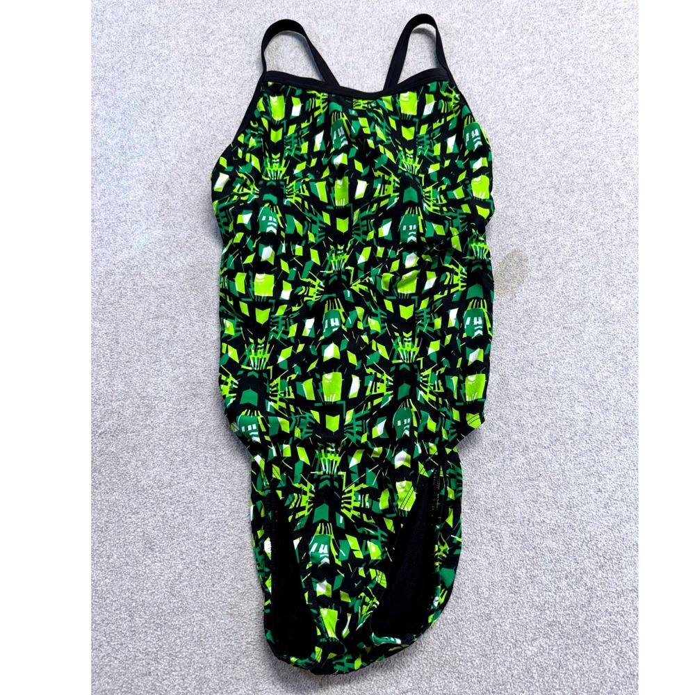 Arena One Women S One Piece Swimsuit Green Black Geometric Athletic Racerback